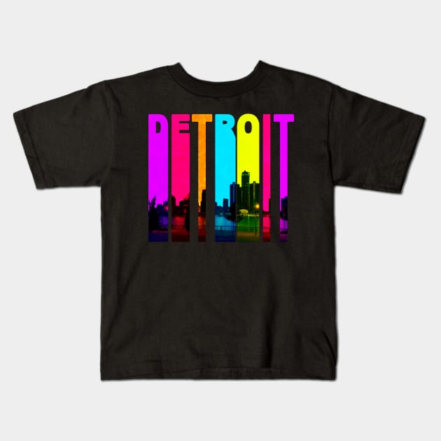 Retro Detroit Michigan Cityscape Skyline Kids T-Shirt by phughes1980